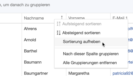 Sortierung zurücksetzen