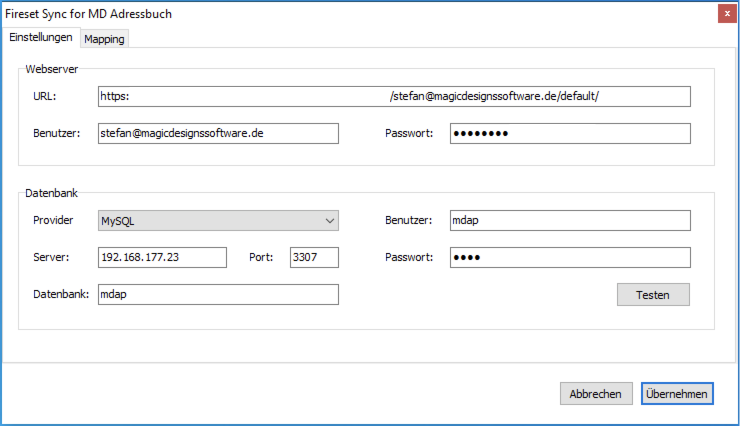 Fireset Sync Einstellungen