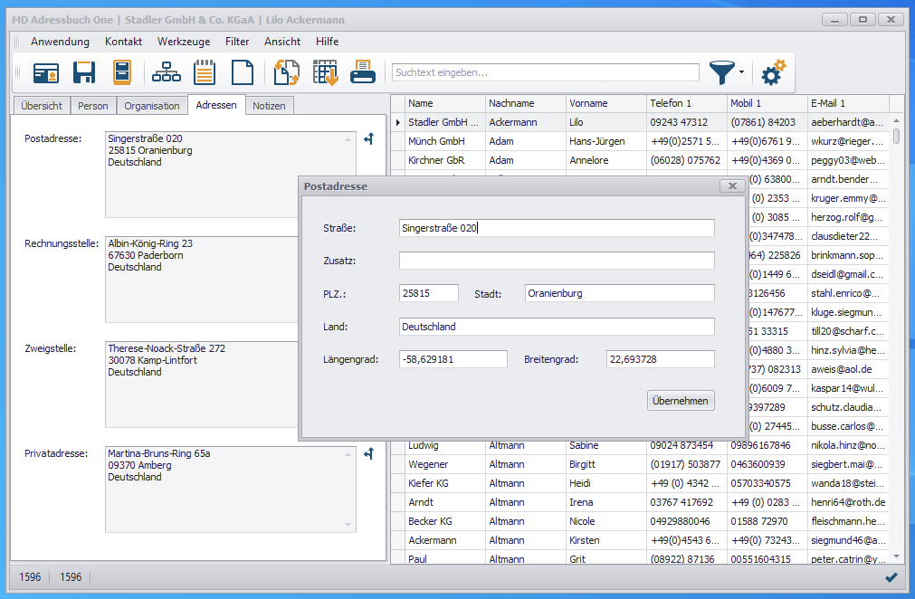 Adressen im MD Adressbuch One
