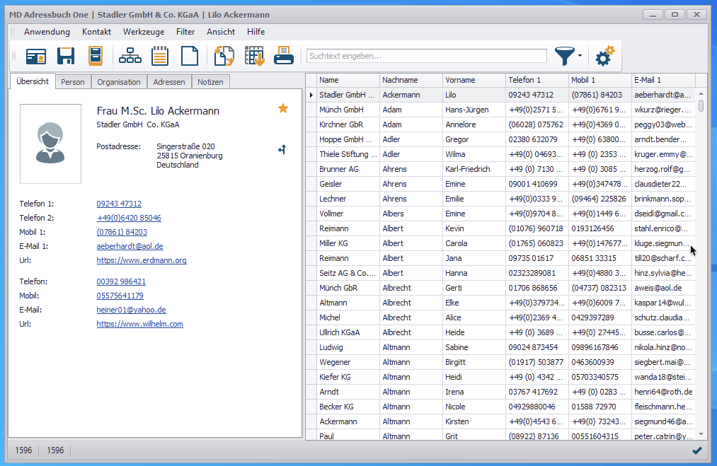 MD Adressbuch One Hauptfenster